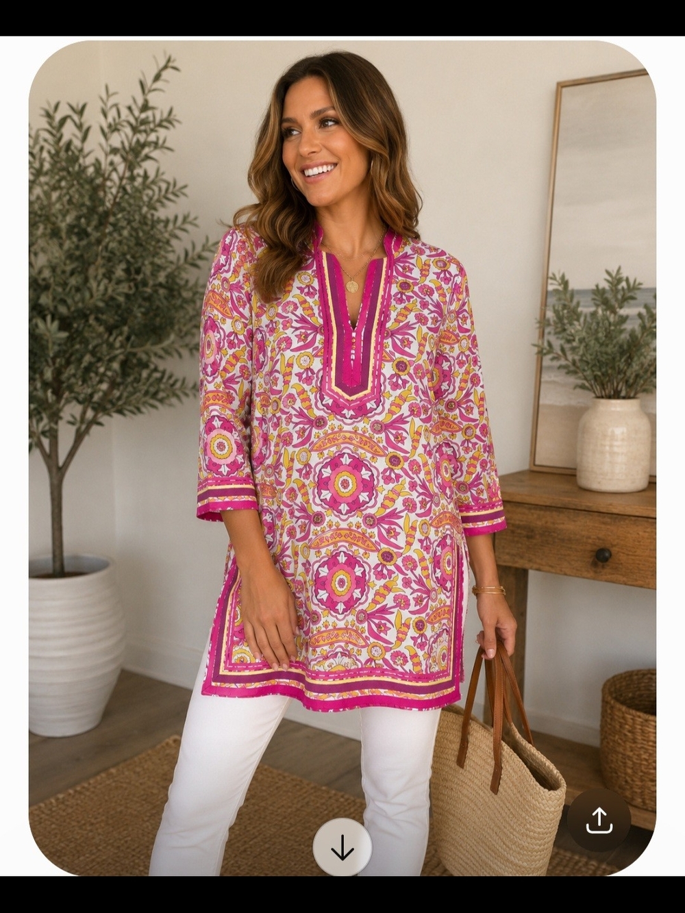 Tory Burch kaftan tunic top, bright pink floral pattern. 100% Cotton. Size 8